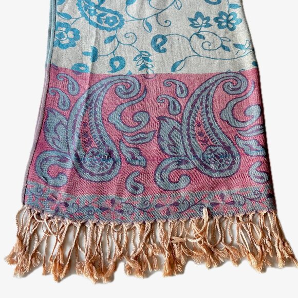 Pashmina Scarf Wrap Blue Pink Fringe 72"x 27" EC - Picture 6 of 8